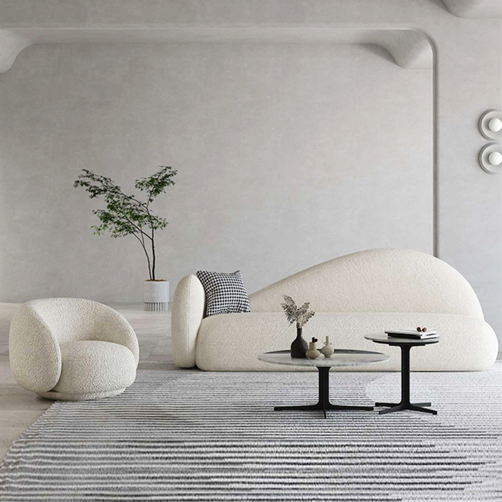 Elle White Lamb Velvet Fabric Shaped 3-Seater Sofa Upholstery Sofa