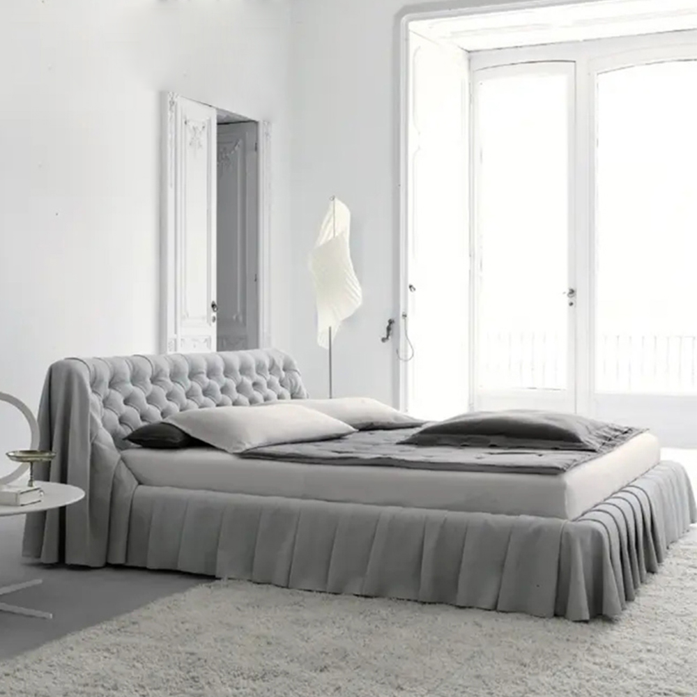 Bohemian Gray Suede Fabric Buckle Headboard Bed Frame King Size