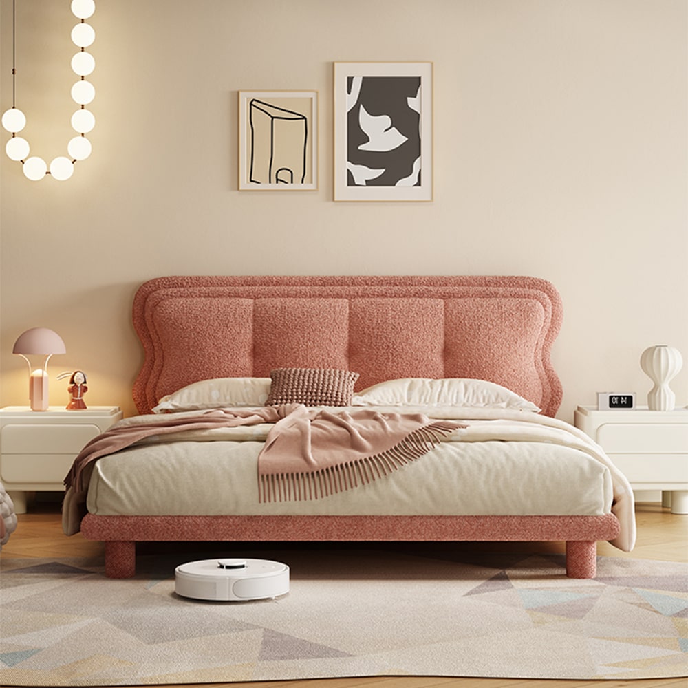 Jiva Pink Boucle Modern Upholstered Headboard Bed Frame (4)