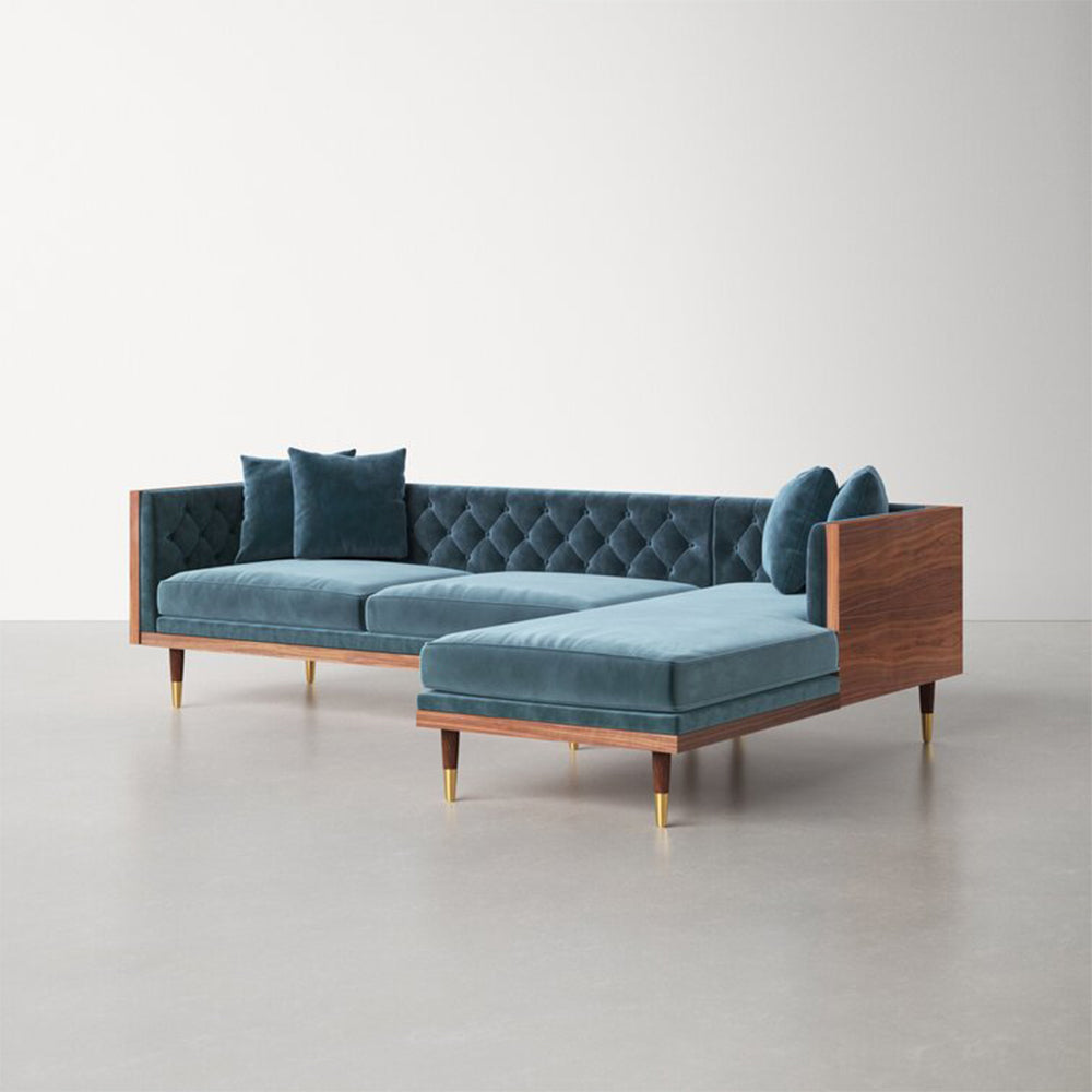 Mabel 3-Seater Sectional Sofa Blue Velvet L-shaped Sofa Set