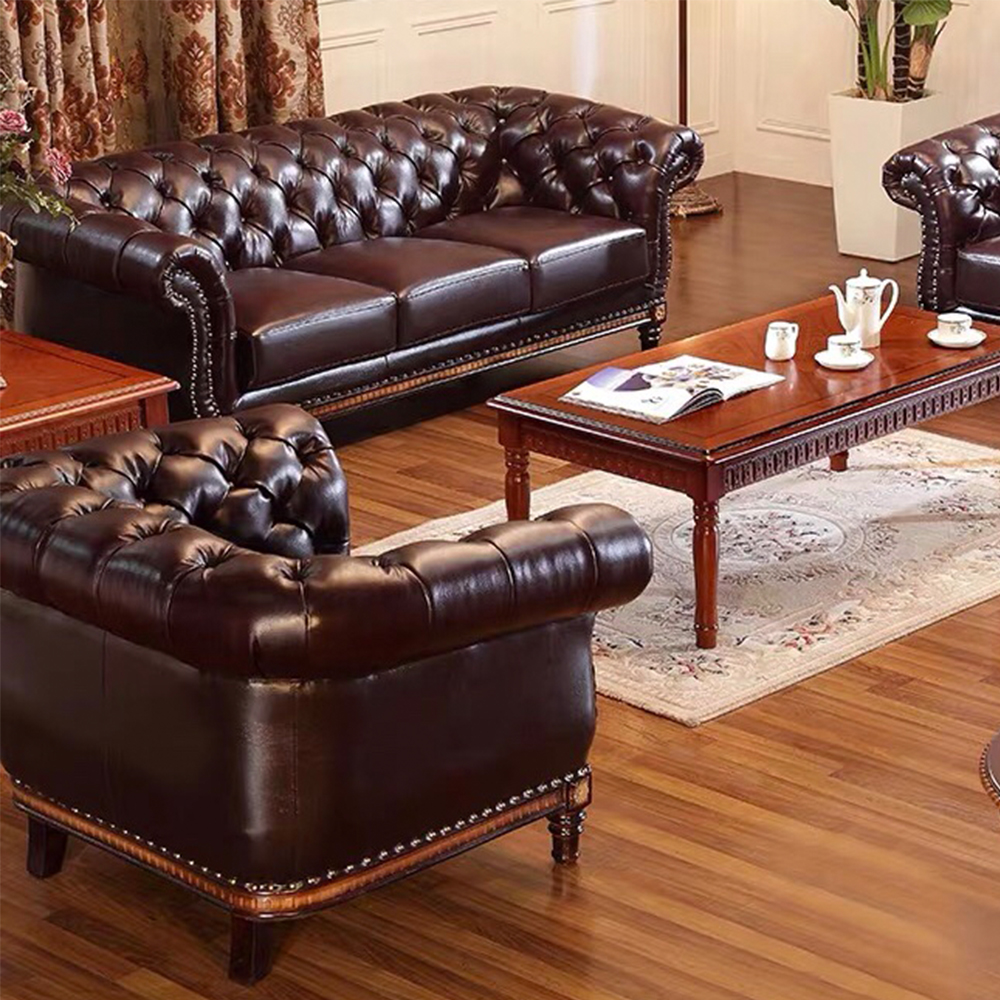 Luxury Office 3 Seater Brown European Living Room Furniture Sofa Set of Chesterfield Leather Sofa
