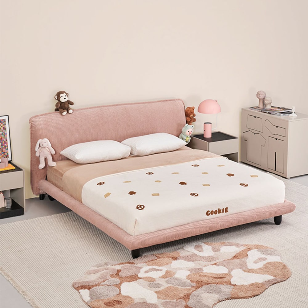 Alessi Corduroy Fabric Modern Bed Frame in Pink/Gray