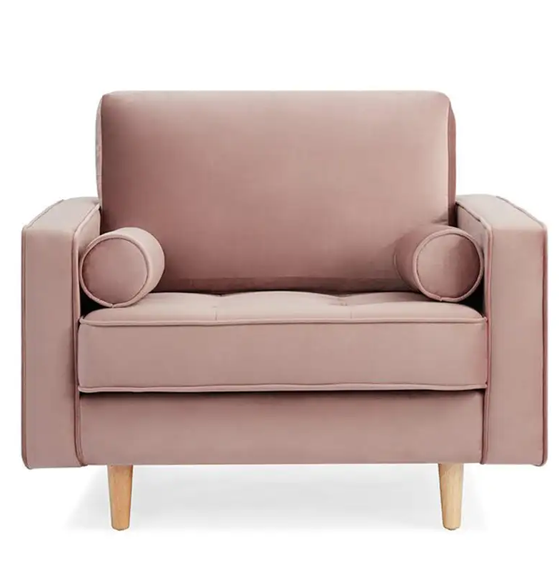 Kian Velvet Pink Armchair with Cylindrical Throw Pillows