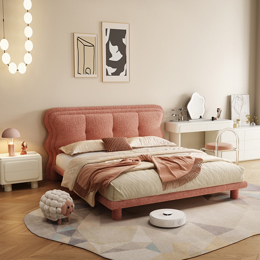 Jiva Pink Boucle Modern Upholstered Headboard Bed Frame