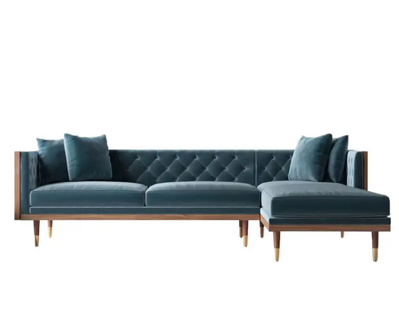 Mabel 3-Seater Sectional Sofa Blue Velvet L-shaped Sofa Set