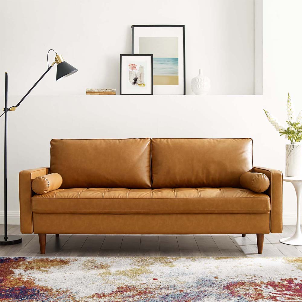 Rhean Tan Sofa Microfiber Leather 2-Seater Brown Sofa with Cylindrical Throw Pillows
