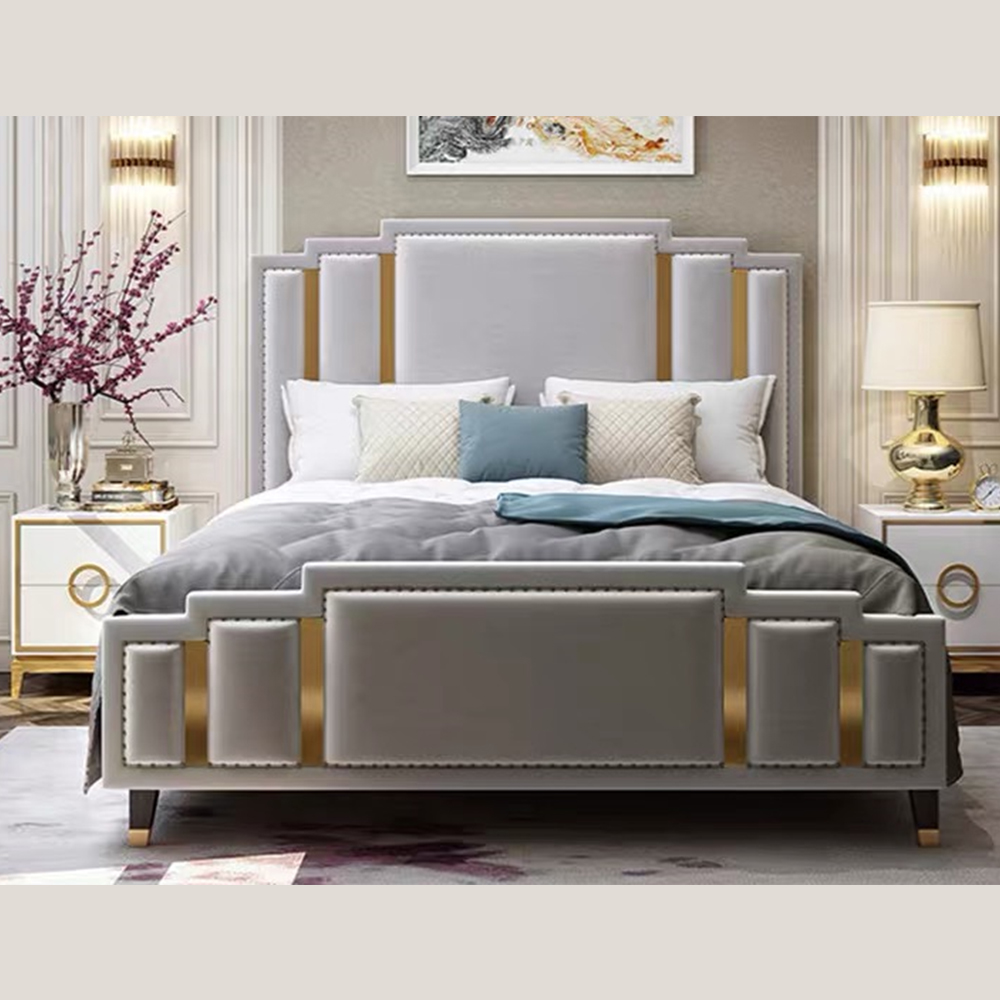  Hot Design Modern Hotel Bedroom Sleeping Furniture Luxury Bed Leather Latest Light Gray Bed Designs