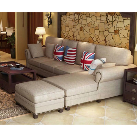 Smooth wooden linen fabric l shaped couch furniture corner 7 seats sofa for lobby