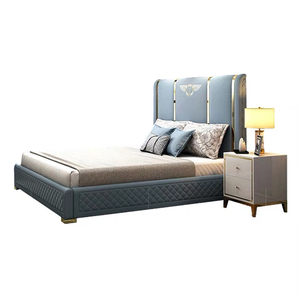 Hot sale luxury microfiber leather wooden furniture double metal wail bed for bedding set