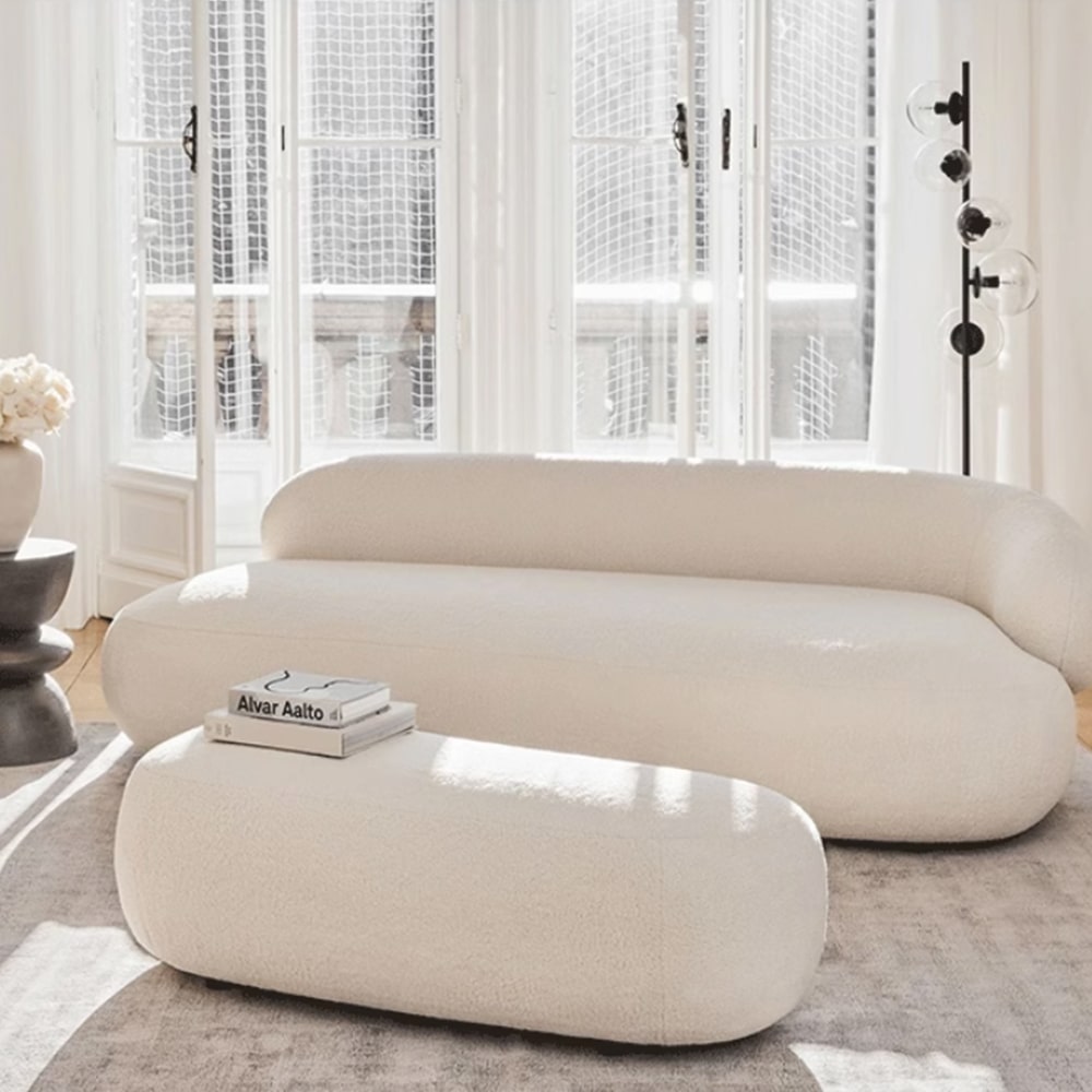 Dileas White Boucle Curved Sofa 3-Seater Round Shaped Minimalist Sofa