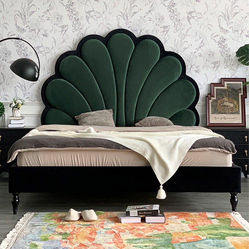 Jeriel Green Velvet Flower Shaped Vintage High Headboard Bed Frame