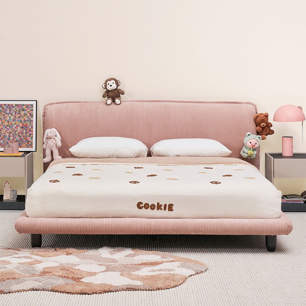 Alessi Corduroy Fabric Modern Bed Frame in Pink/Gray