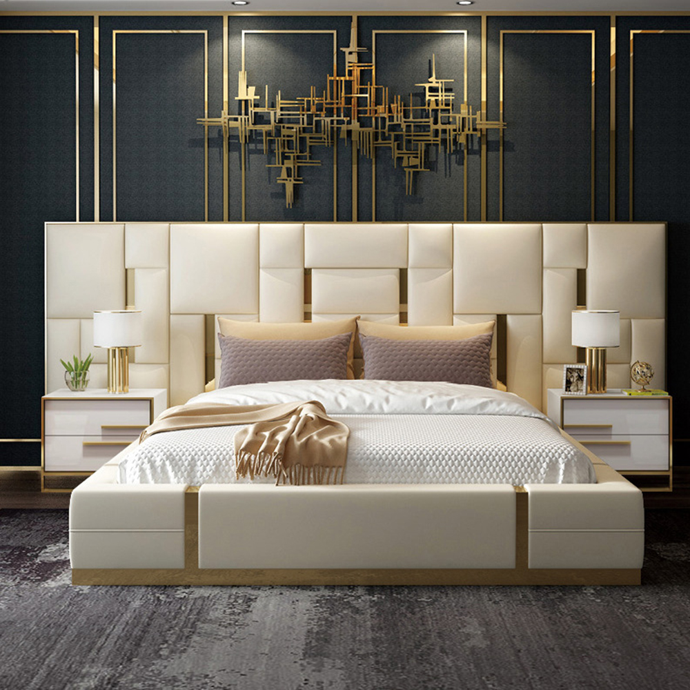  Big Headboard Hot Design Modern Hotel Bedroom Sleeping Furniture Luxury Bed Leather Latest Bed Designs