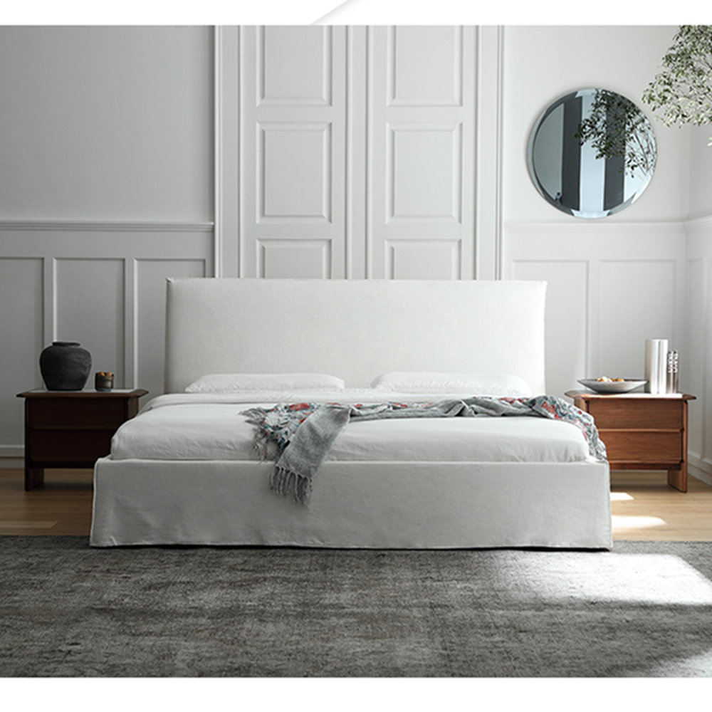 Evan Minimalist Linen Fabric White Bed Frame (5)