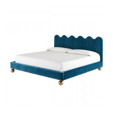 Dangelo Blue Flannelette Bed Frame with Golden Spherical Feet Queen Size